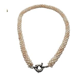 Freshwater Pearl Braided Twisted Rope Necklace Cream White Peach Silver Clasp